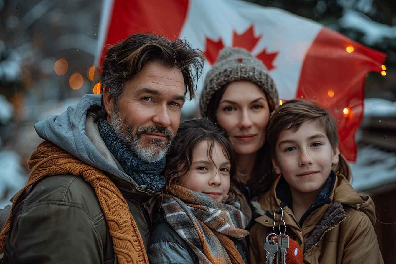 A Canadian family standing happily in front of their new home, holding keys. The house is a charming two-story with a well-kept lawn. In the background, there's a Canadian flag. The family looks relieved and happy, symbolizing financial stability and success. A soft, warm light illuminates the scene, creating a sense of comfort and security.