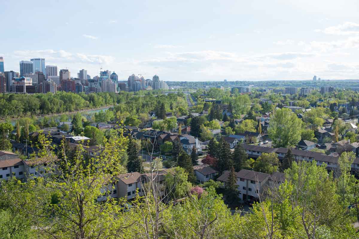 Aerial-view-of-calgary-in-springtime-downtown-river